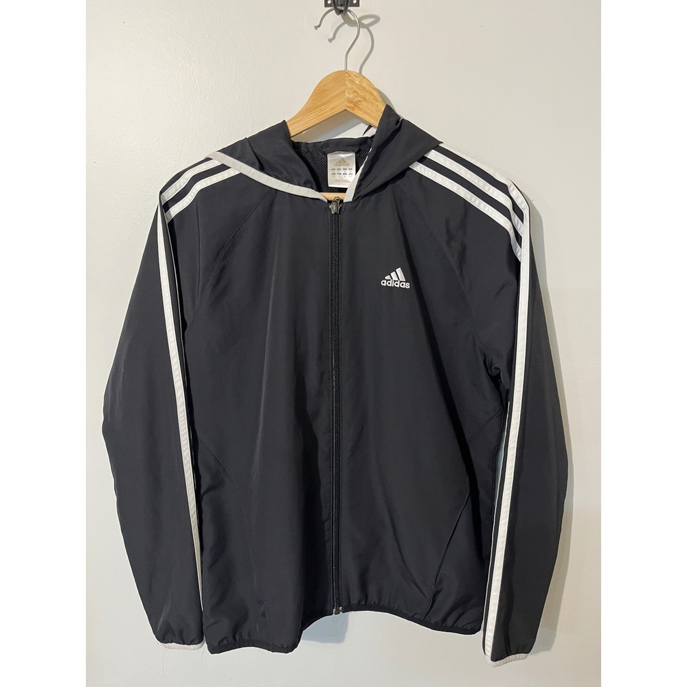 Adidas Mens Windbreaker Jacket Black White Stripe Hooded Full Zip Mesh Lined S